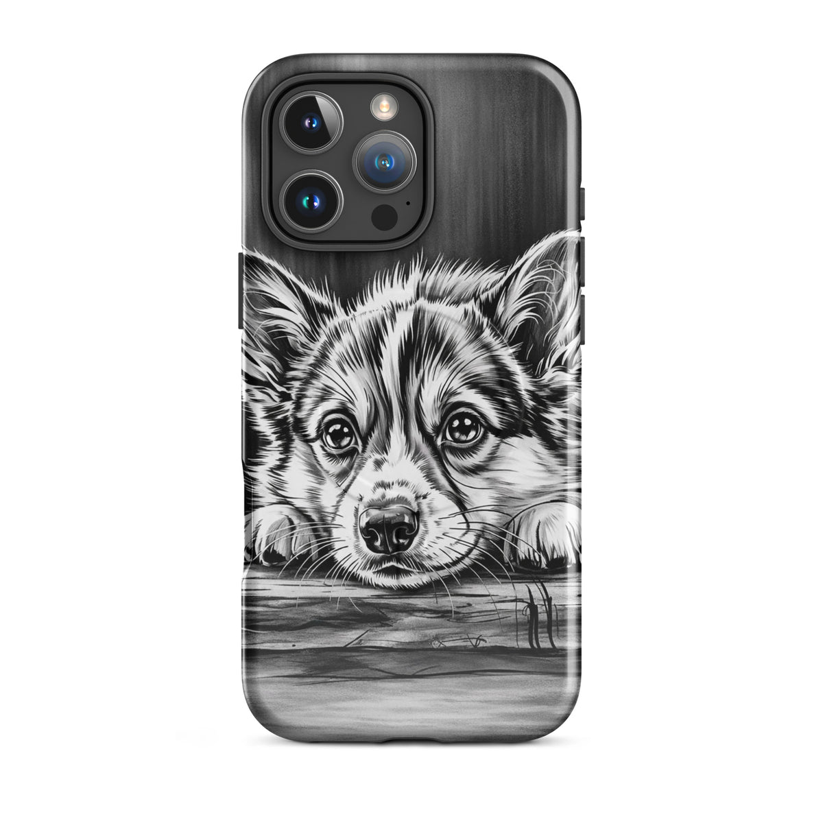 Magnetic Phone Case with elegant puppy art for iPhone, featuring a monochrome puppy illustration on aged wood texture.