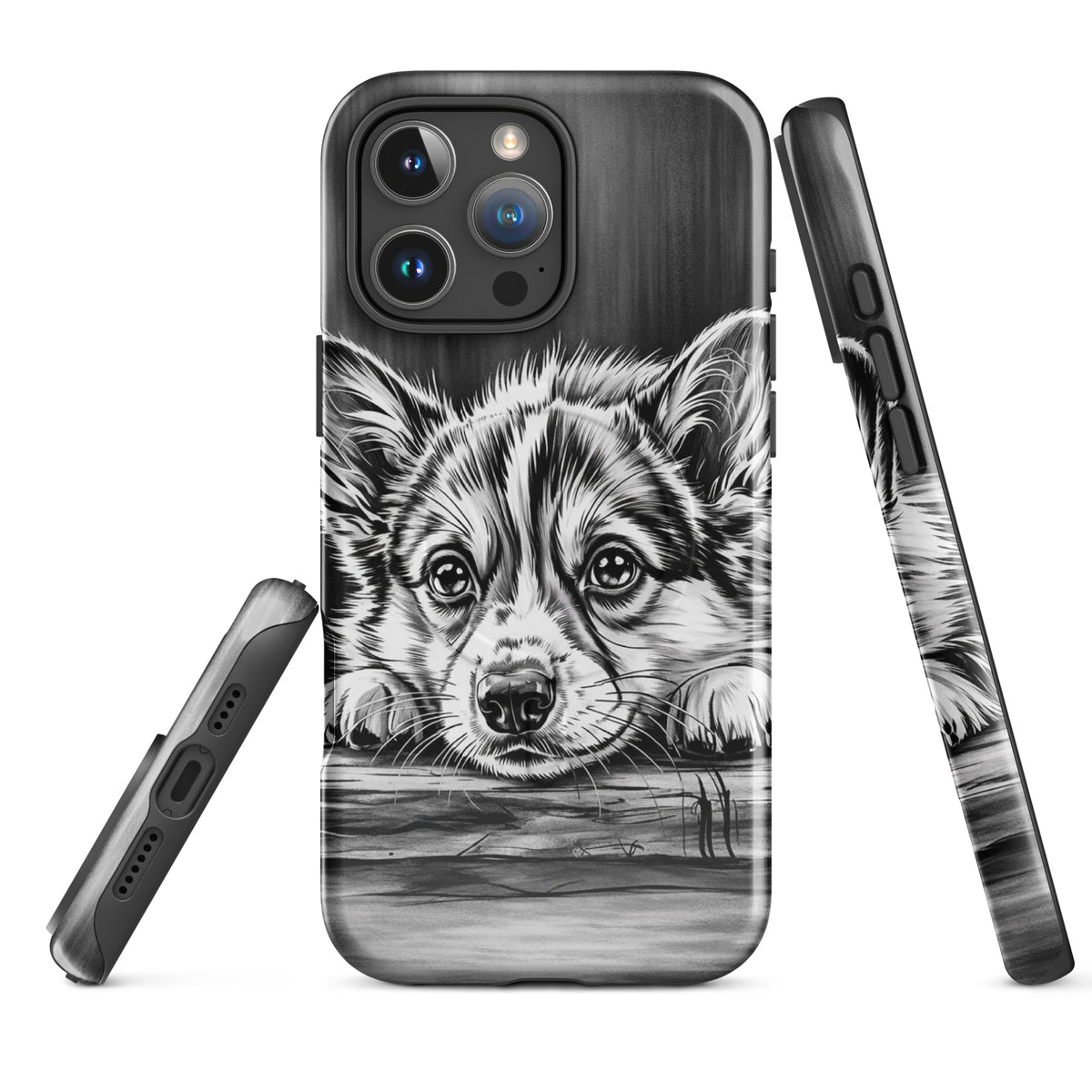 Magnetic Phone Case for iPhone with elegant black-and-white puppy illustration, offering luxury protection and artistic charm.