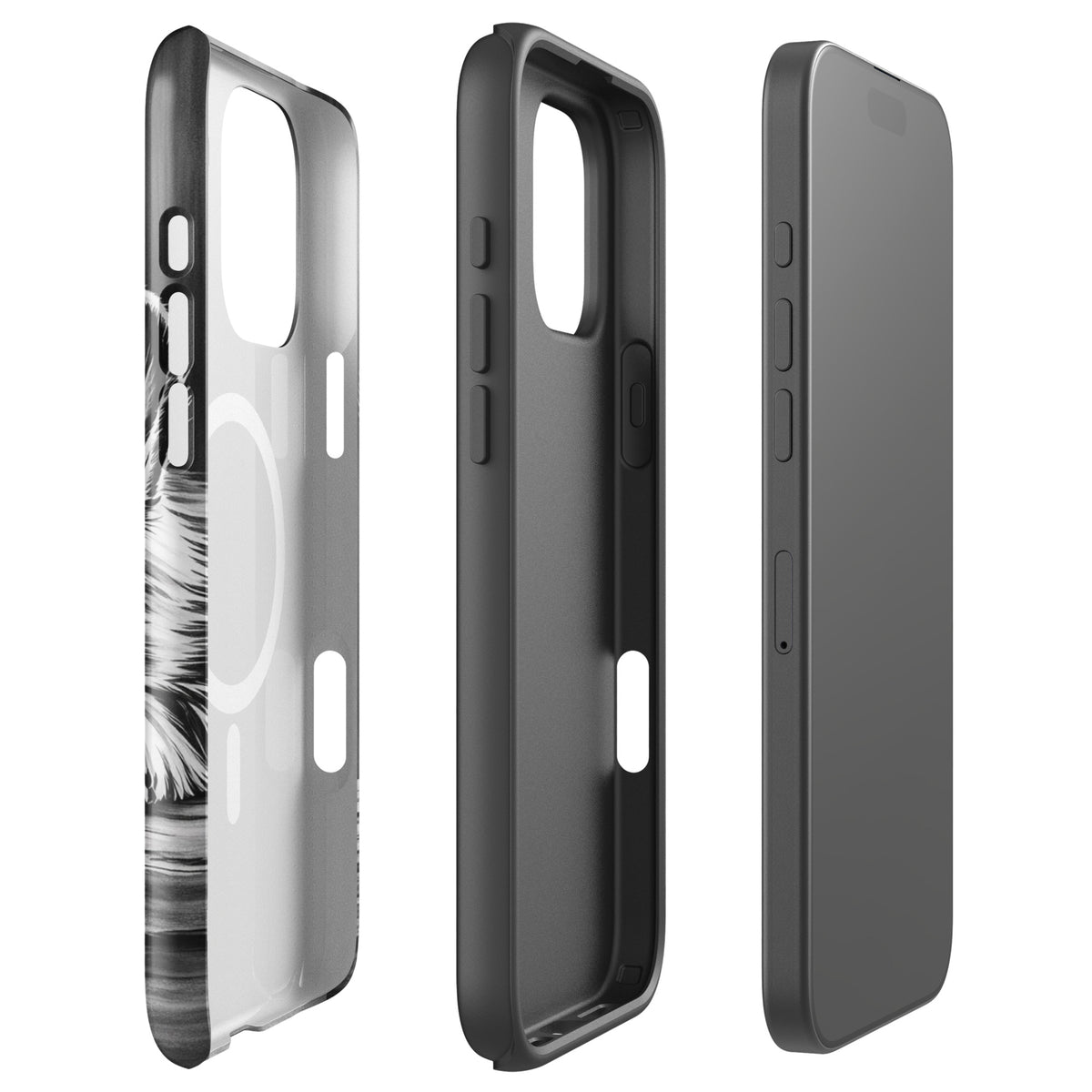 Magnetic Phone Case with elegant puppy art for iPhone, offering premium protection with a black-and-white design.