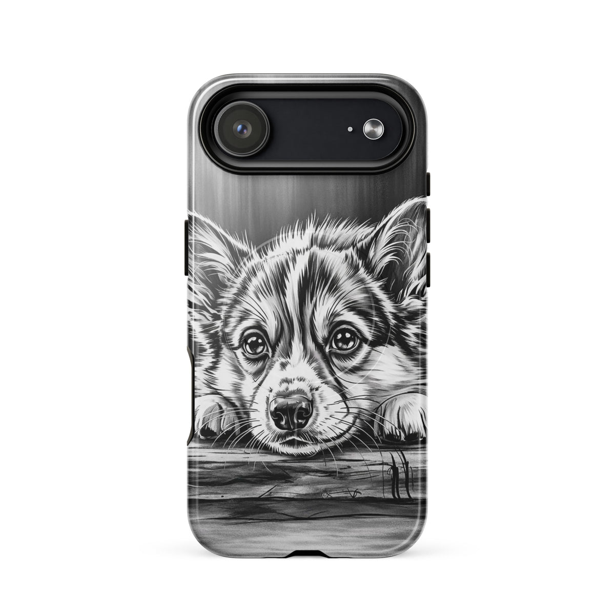 Magnetic Phone Case for iPhone featuring black-and-white puppy art illustration on aged wood design for elegant protection.