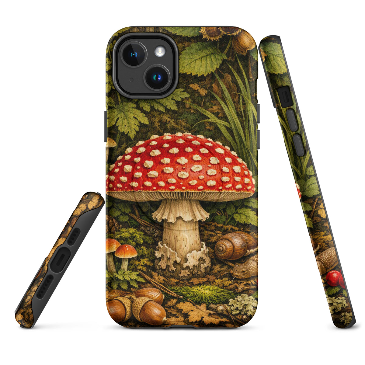 Magnetic Phone Case with Amanita muscaria mushroom design and forest elements for iPhone, featuring vivid colors and natural details.
