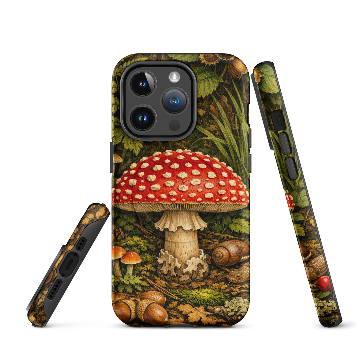 Magnetic Phone Case for iPhone featuring Amanita muscaria mushroom design, vibrant and enchanting forest theme.