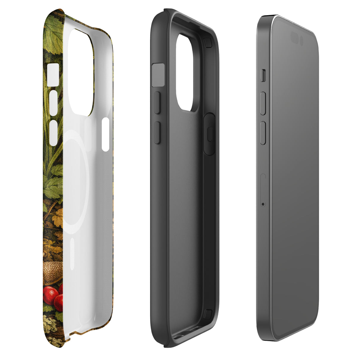 Side view of Magnetic Phone Case with Amanita muscaria mushroom design for iPhone, showcasing intricate details and durable material.