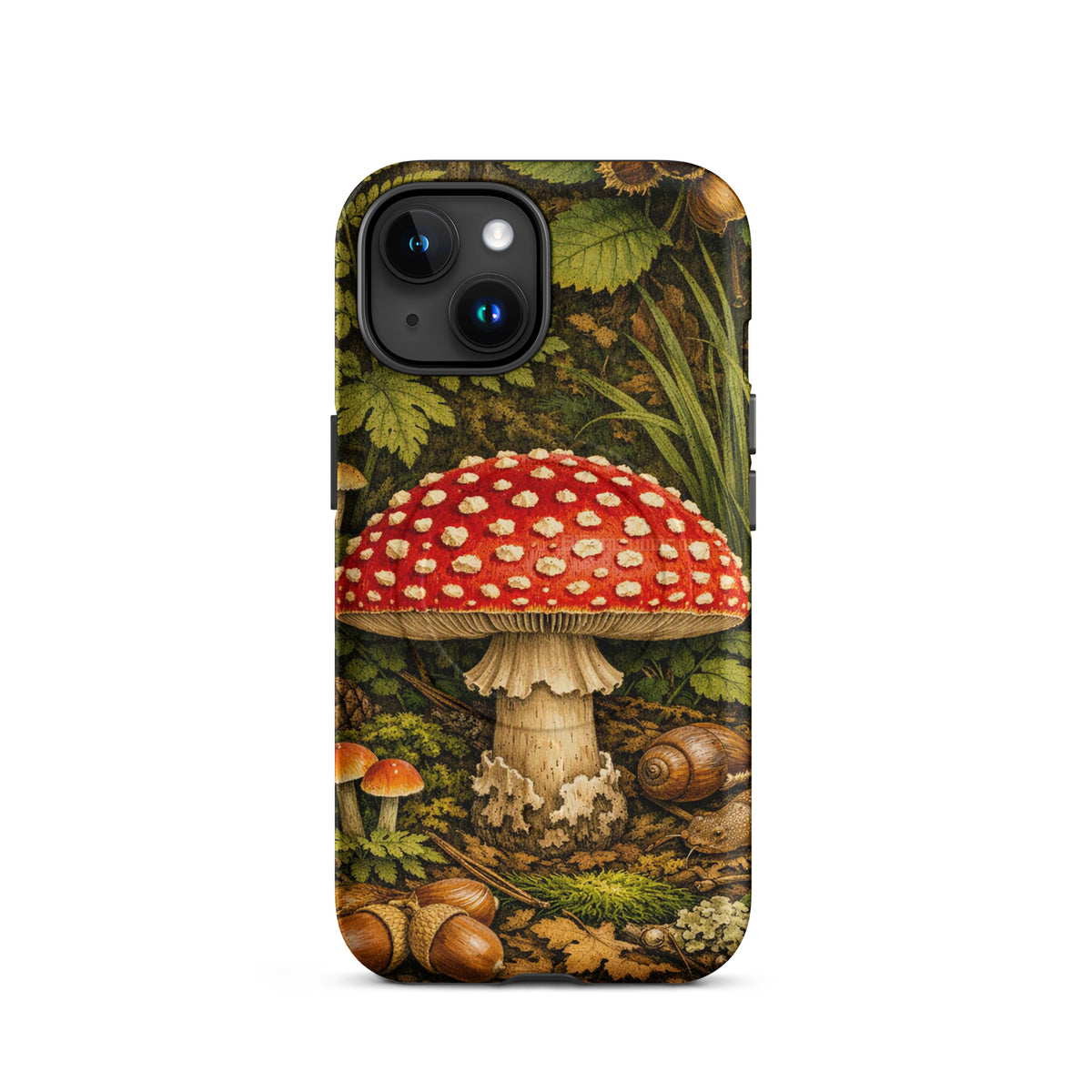 Magnetic Phone Case for iPhone featuring vivid Amanita muscaria mushroom design with forest background.