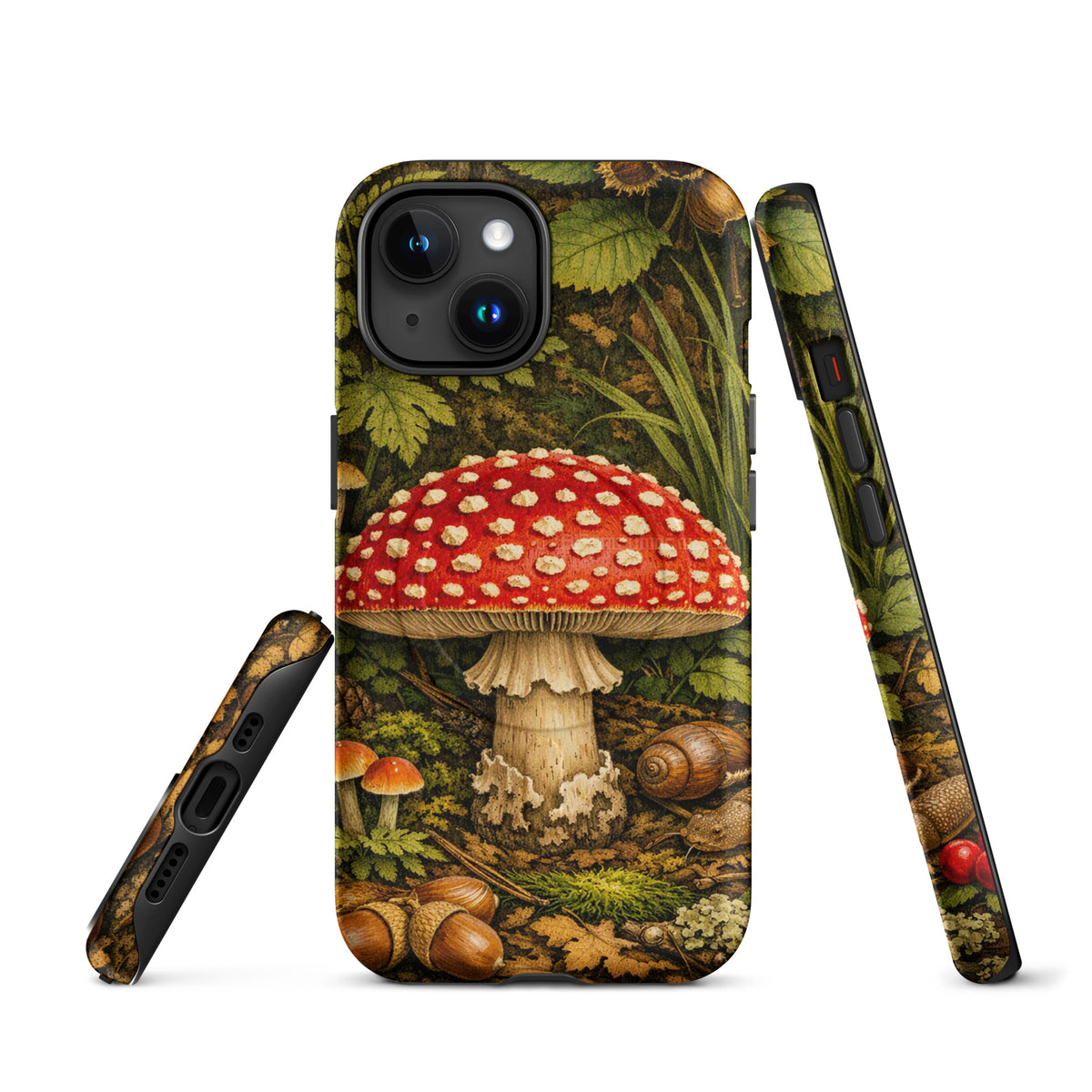 Magnetic Phone Case featuring Amanita muscaria mushroom design for iPhone, showcasing vibrant forest imagery and a vivid mushroom centerpiece.