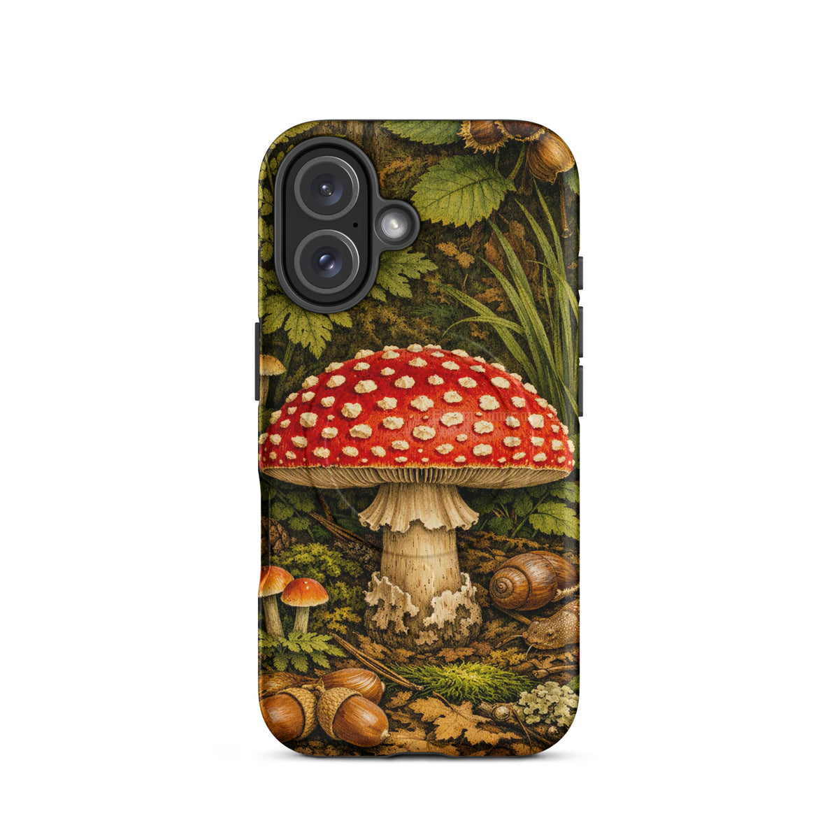 Magnetic Phone Case featuring vivid Amanita muscaria mushroom design, perfect for iPhone with forest-inspired aesthetics.