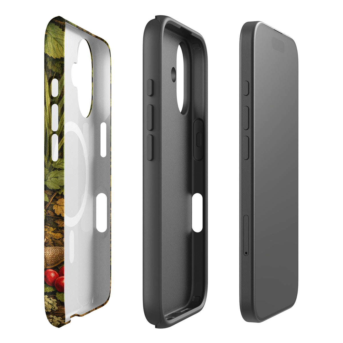 Side and interior views of a Magnetic Phone Case for iPhone featuring Amanita Muscaria Mushroom design.