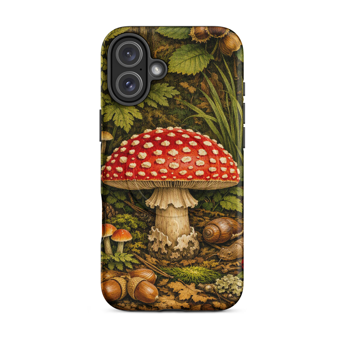 Magnetic Phone Case featuring an Amanita muscaria mushroom illustration with vivid colors and forest backdrop, designed for iPhones.