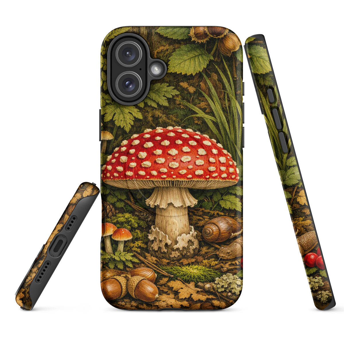 Magnetic Phone Case for iPhone featuring Amanita Muscaria mushroom design with red cap and white spots, forest-inspired aesthetics.