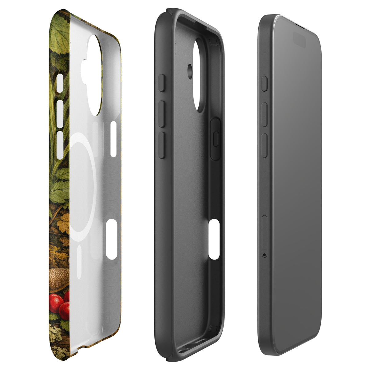 Side view of Magnetic Phone Case for iPhone with Amanita Muscaria Mushroom design, showcasing detachable parts and vivid mushroom artwork.