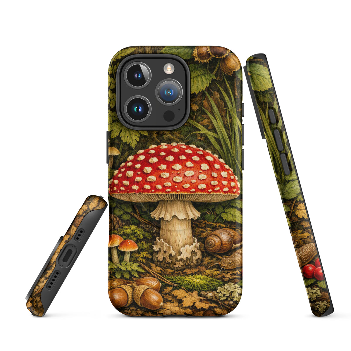 Magnetic Phone Case featuring Amanita Muscaria mushroom design for iPhone, with vivid forest-themed illustration.