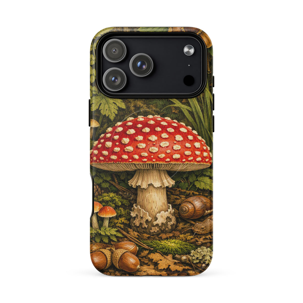 Magnetic Phone Case for iPhone featuring Amanita muscaria mushroom design with vivid colors and forest background.