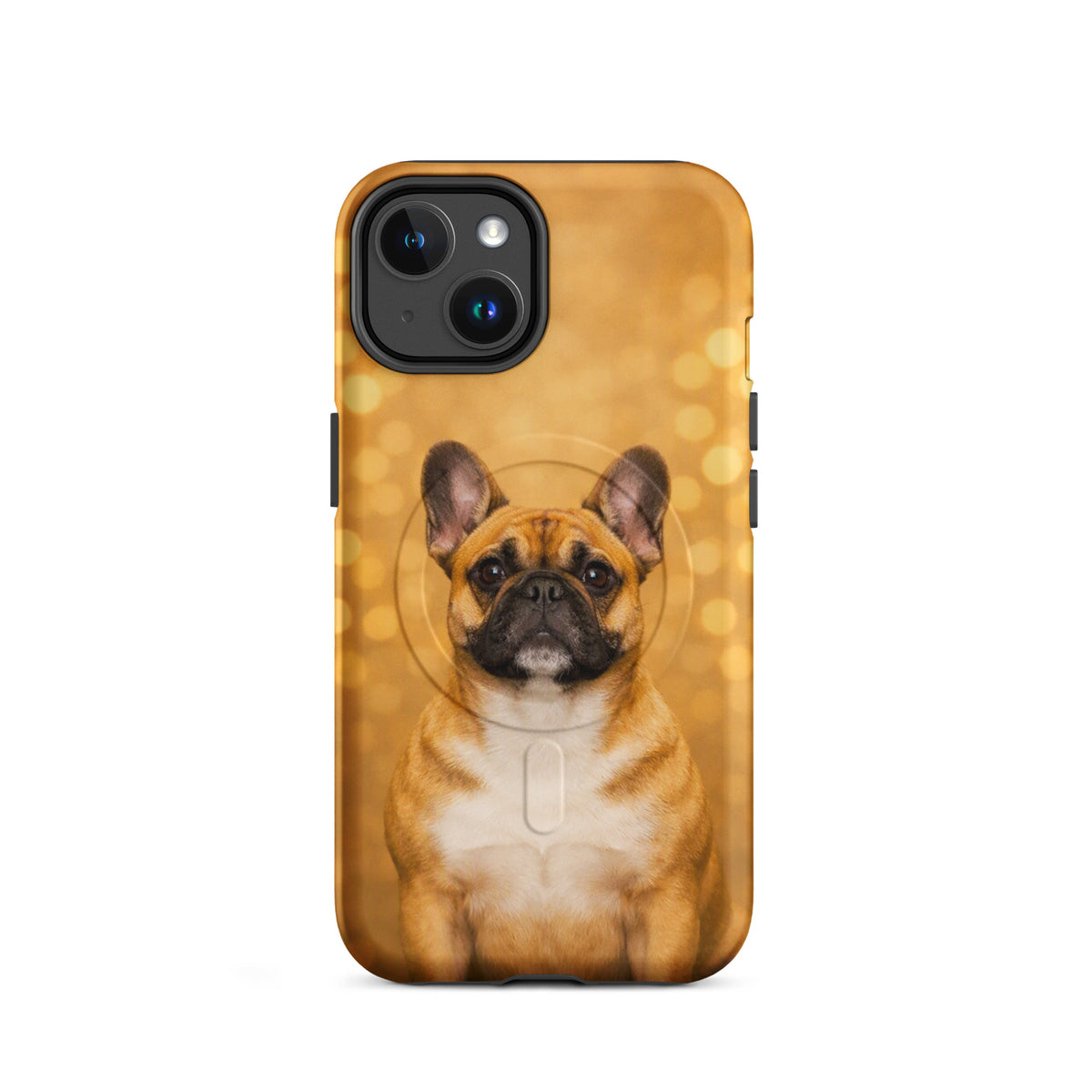 Magnetic Phone Case featuring French Bulldog portrait against golden bokeh background, perfect for dog lovers and stylish iPhone users.
