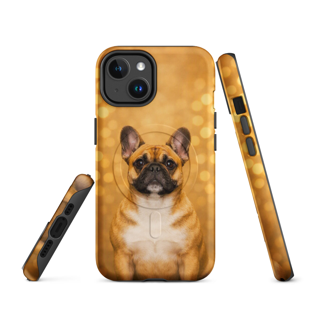 Magnetic Phone Case for iPhone featuring a French Bulldog portrait against golden bokeh background, adding charm and sophistication.