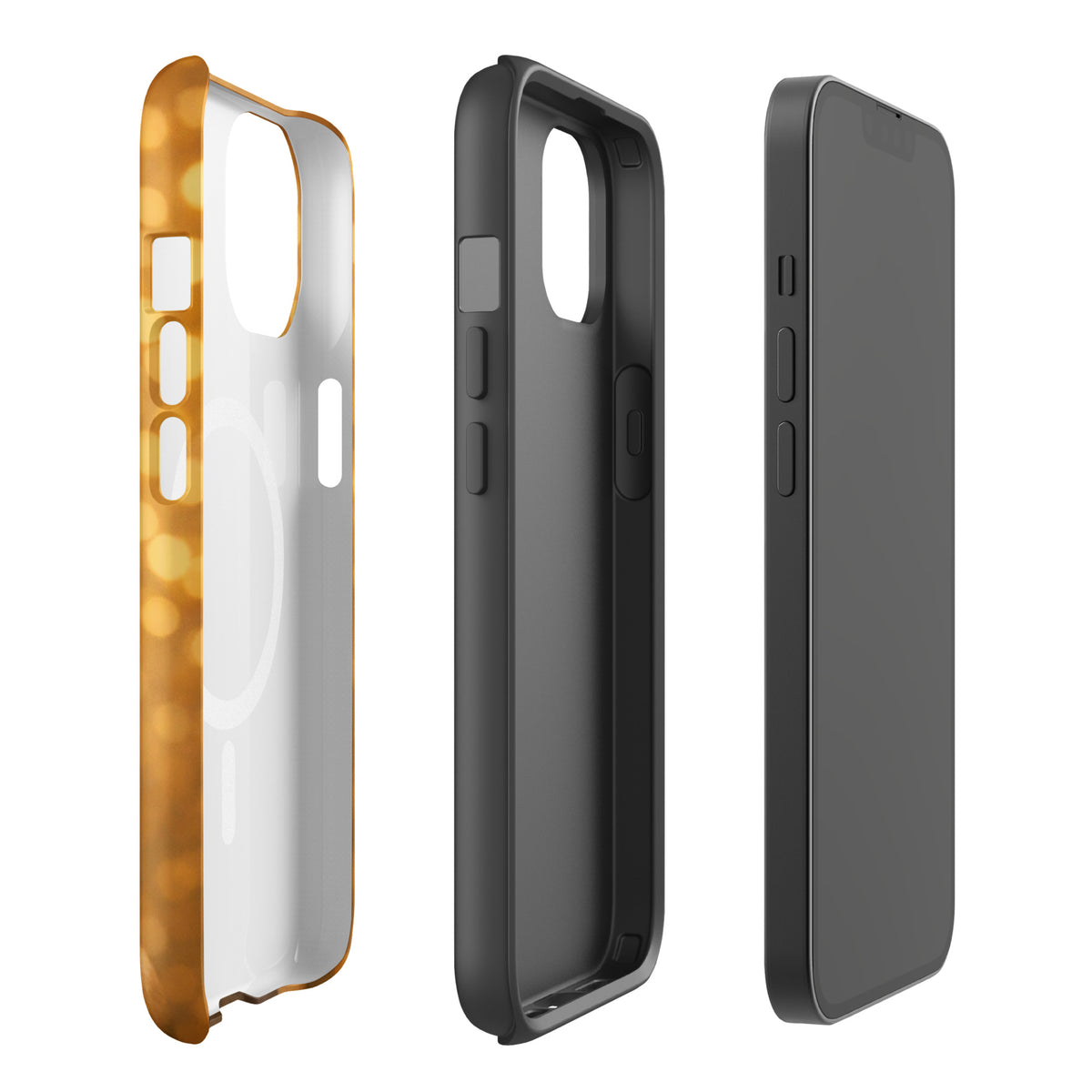 Magnetic Phone Case with French Bulldog design, golden bokeh background, showing front and side view for iPhone.