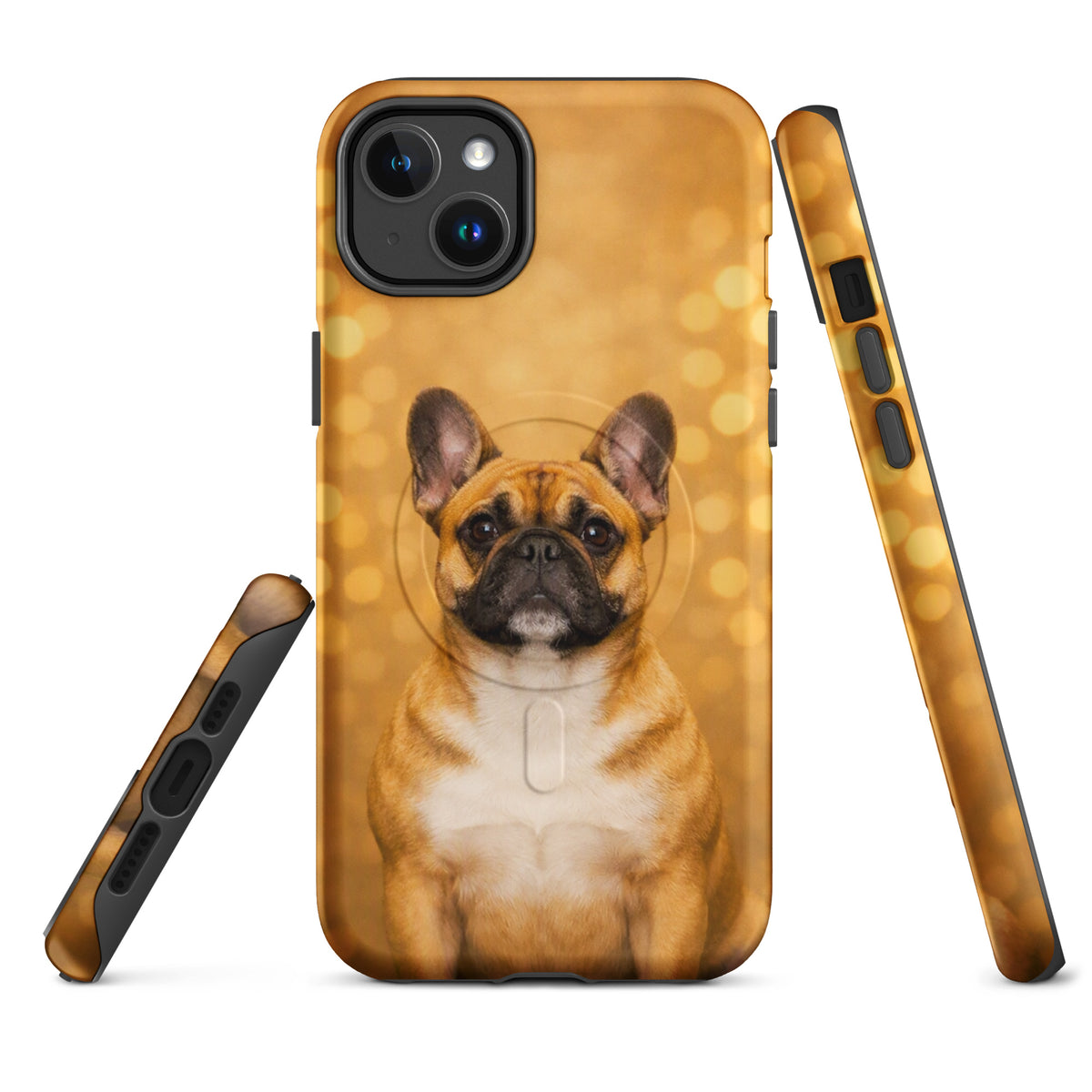 Magnetic Phone Case for iPhone featuring a French Bulldog portrait against a golden bokeh background, combining charm and functionality.