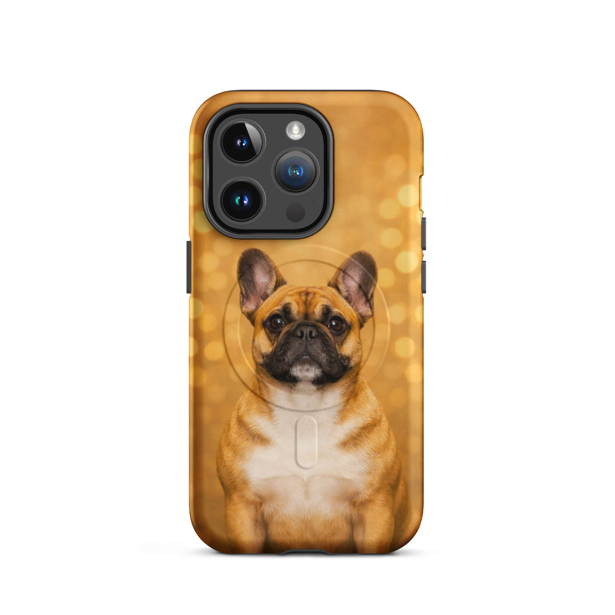 Magnetic Phone Case for iPhone featuring a cute French Bulldog portrait with a golden bokeh background.