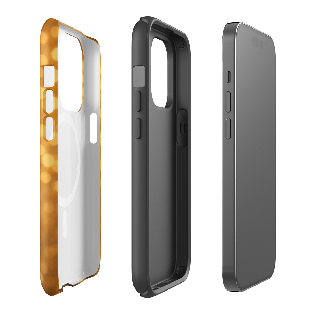 Magnetic Phone Case for iPhone featuring a French Bulldog portrait with a golden bokeh background, showcasing charm and sophistication.