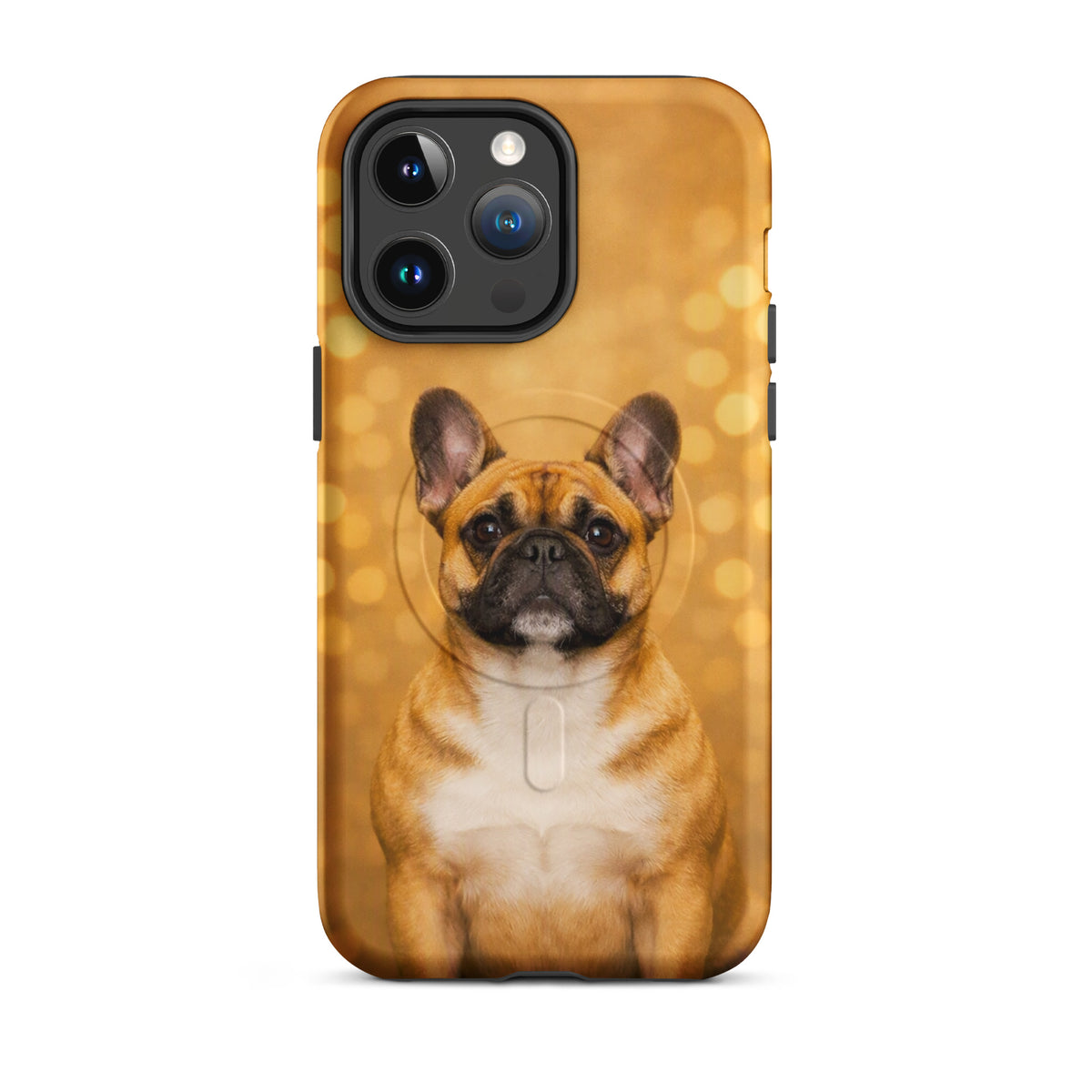 Magnetic Phone Case for iPhone with French Bulldog portrait and golden bokeh background.