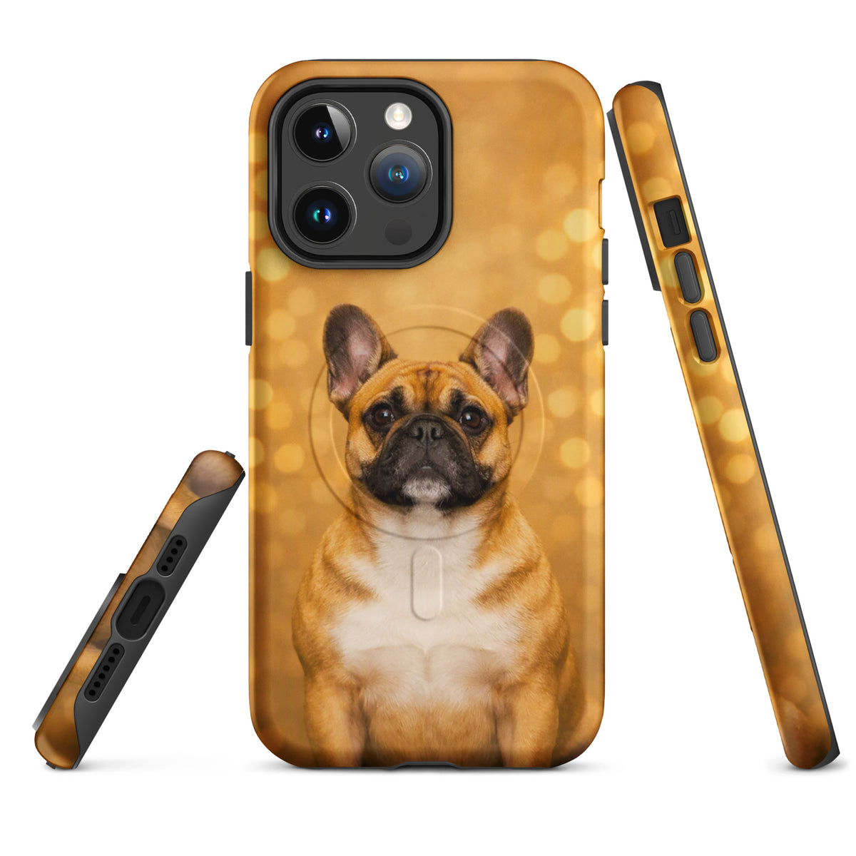 Magnetic Phone Case featuring a French Bulldog portrait with golden bokeh background, perfect for adding charm to your iPhone.