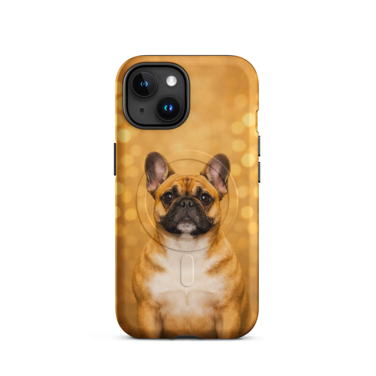 Magnetic Phone Case for iPhone featuring a French Bulldog portrait against a golden bokeh background, adding charm and character.
