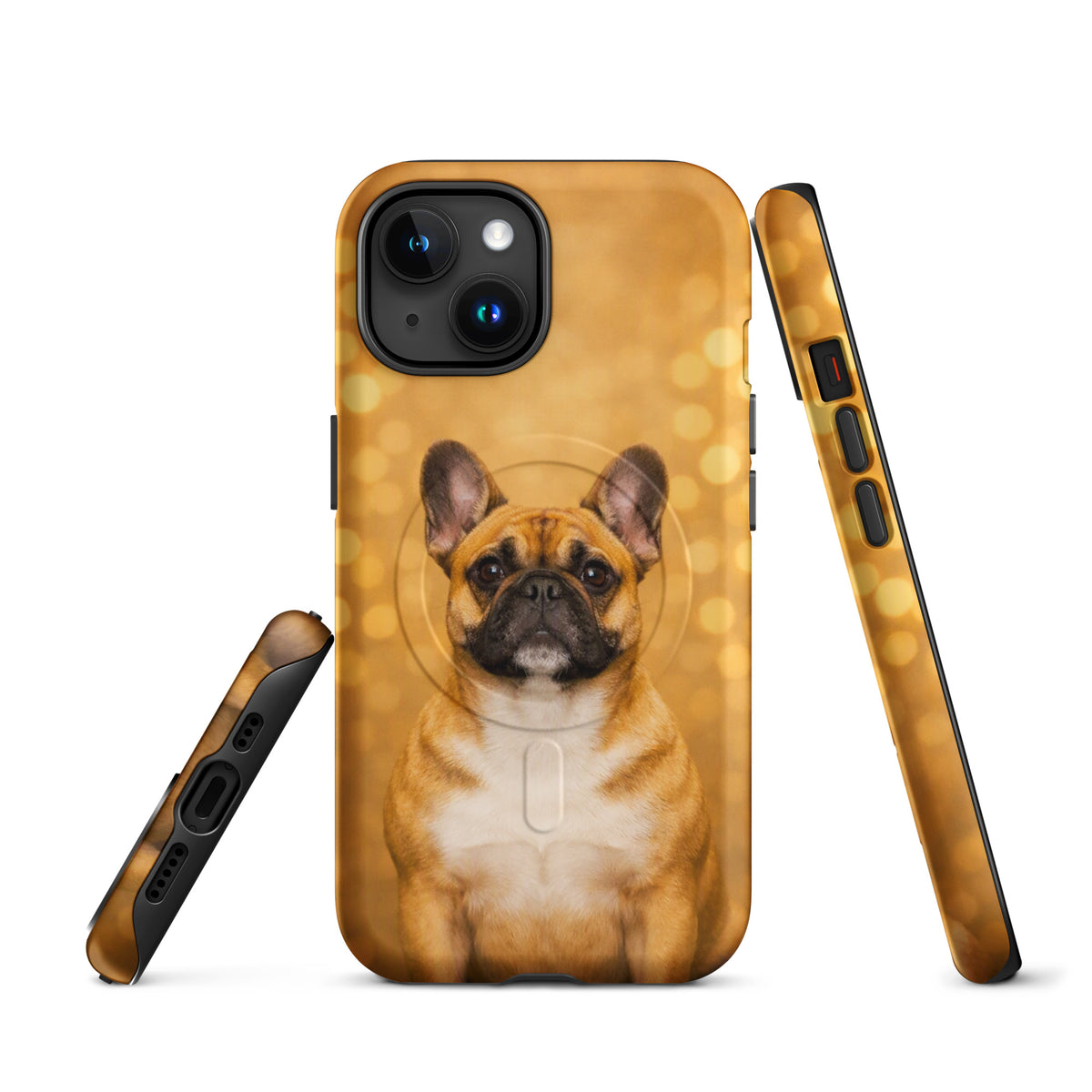 Magnetic Phone Case with French Bulldog portrait on golden bokeh background for iPhone.