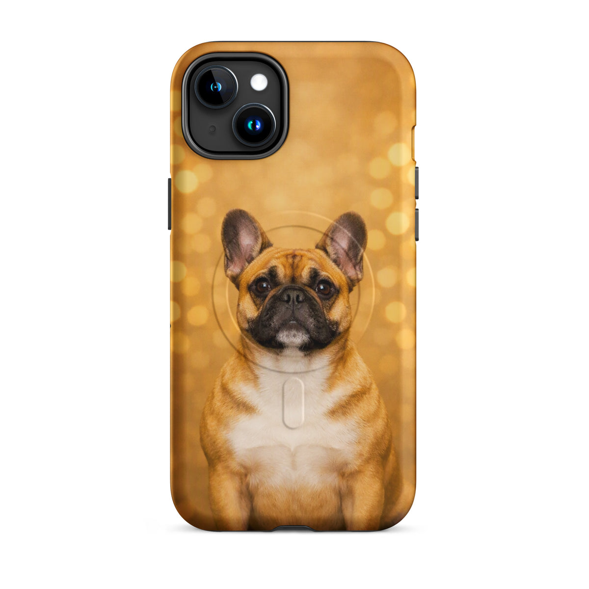 Magnetic Phone Case for iPhone featuring a French Bulldog portrait against a golden bokeh background, blending charm and functionality.