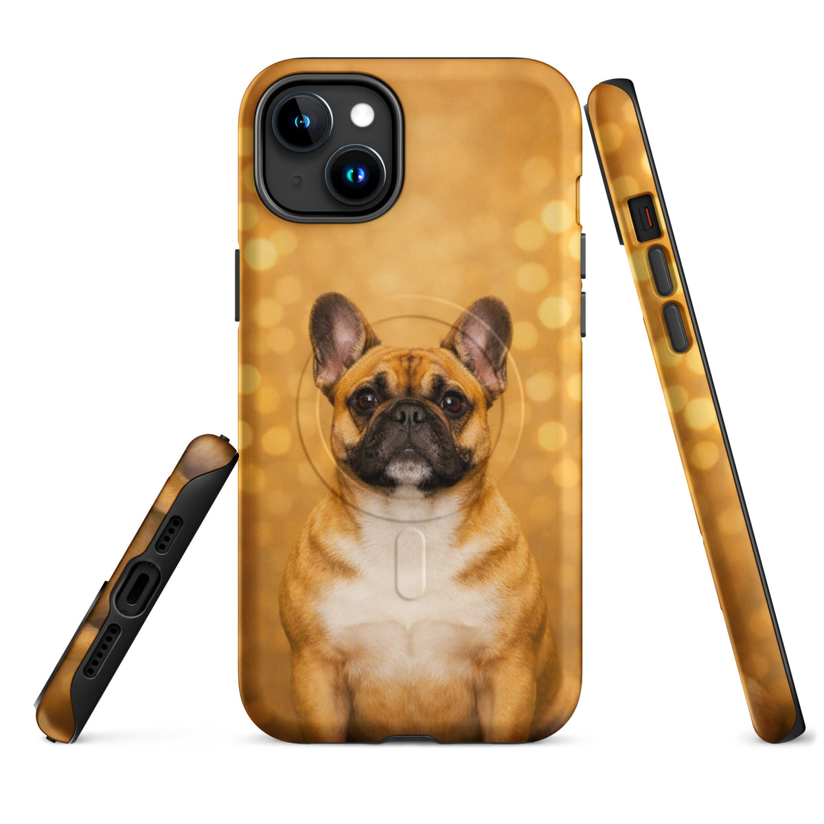 Magnetic Phone Case for iPhone featuring French Bulldog against golden bokeh background, showcases playful sophistication and charm.
