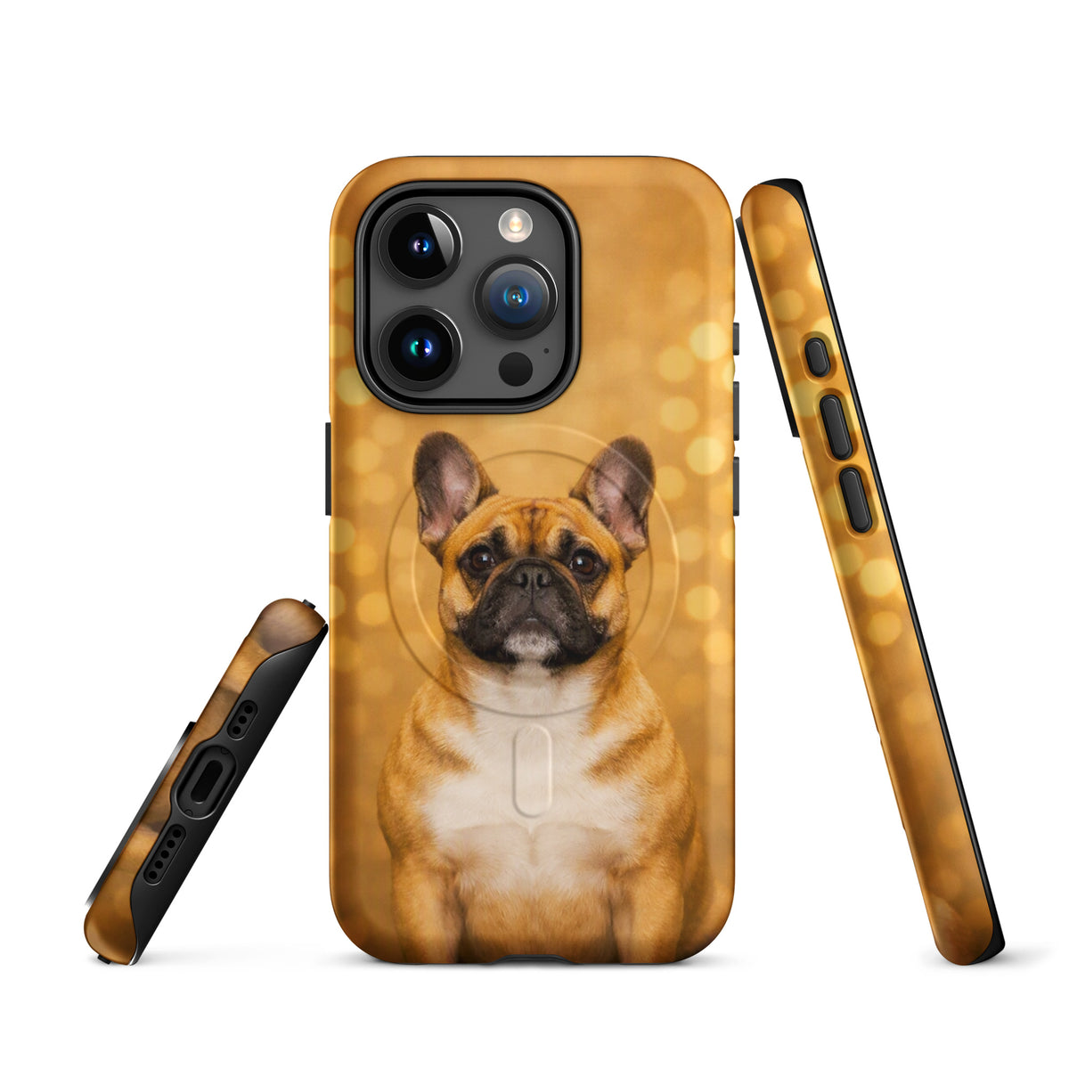 Magnetic Phone Case featuring a French Bulldog portrait against a golden bokeh background for iPhone users.