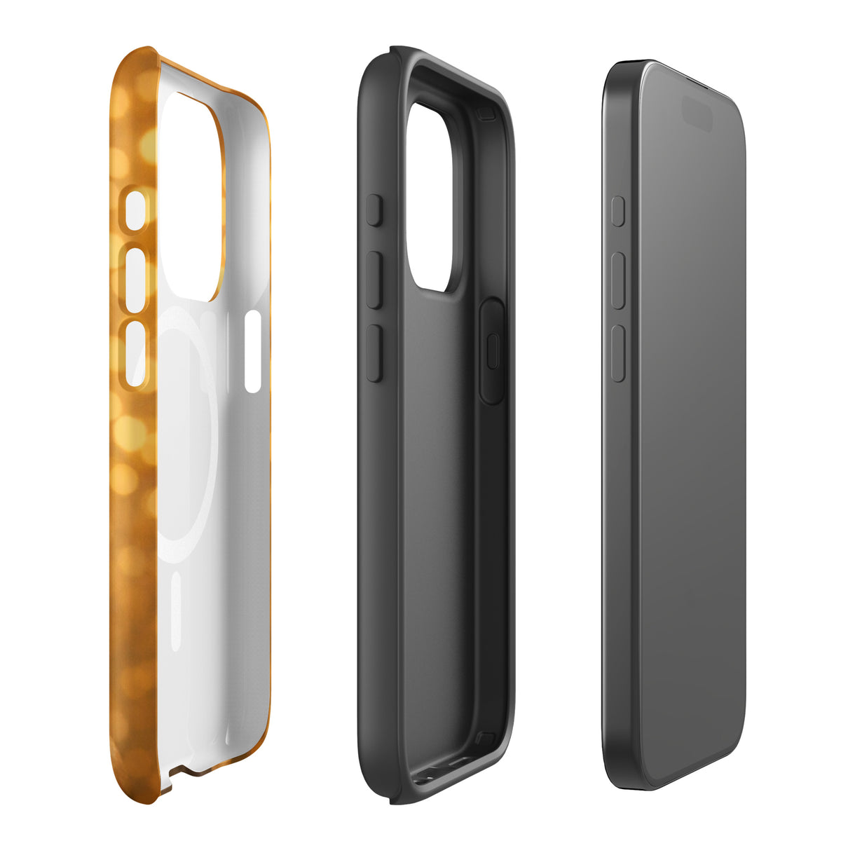 Magnetic Phone Case for iPhone with French Bulldog design and golden bokeh background, showcasing a charming and playful style.
