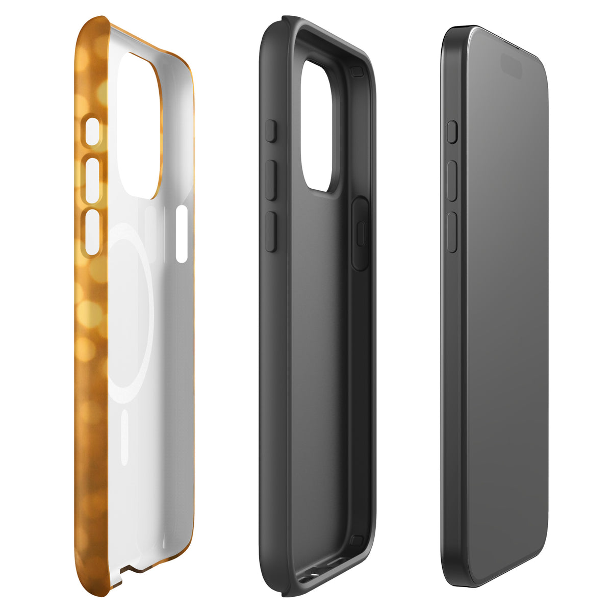 Magnetic Phone Case for iPhone with French Bulldog design and golden bokeh background, showcasing sleek protective features.