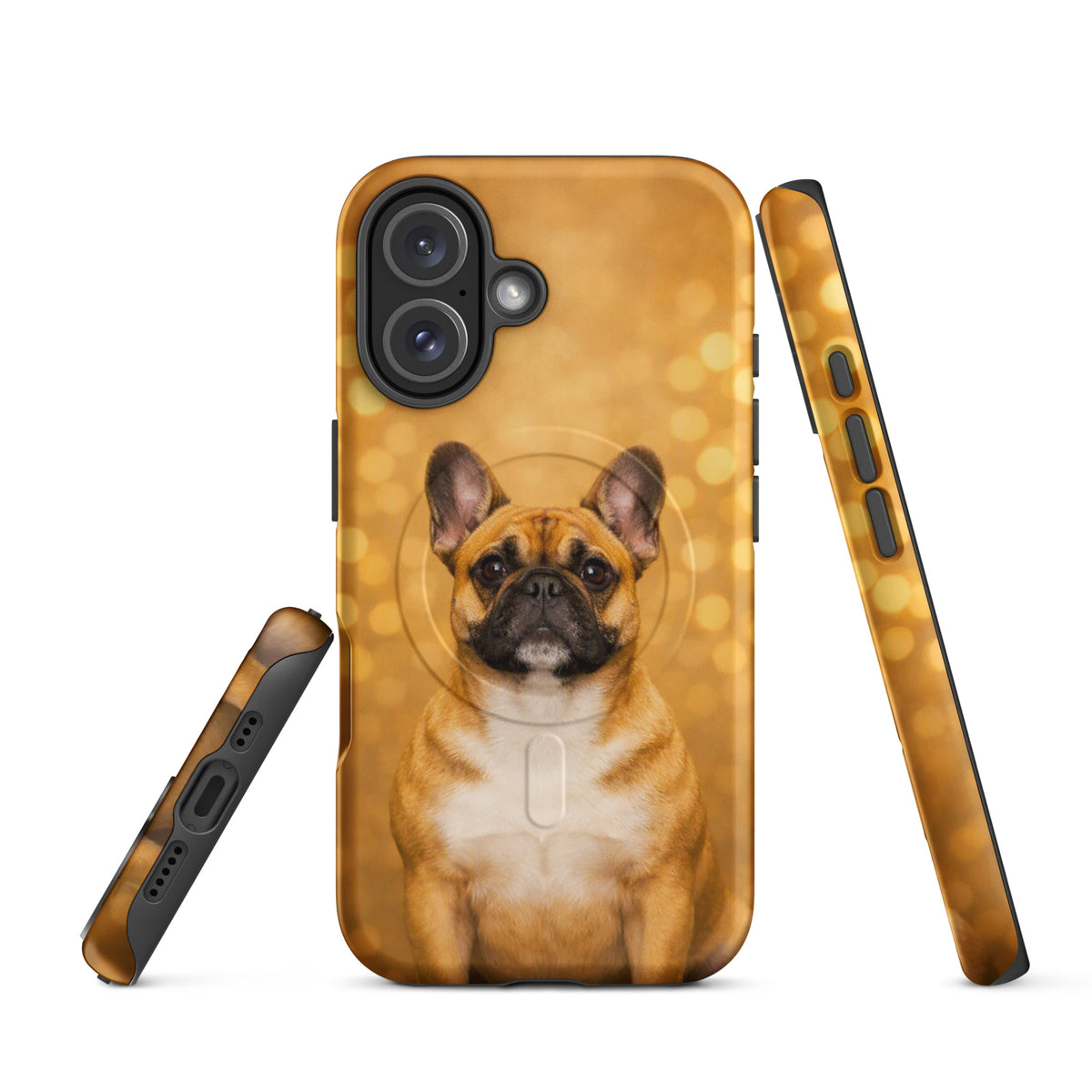 Magnetic Phone Case for iPhone with French Bulldog portrait on golden bokeh background, adding charm and sophistication to your device.