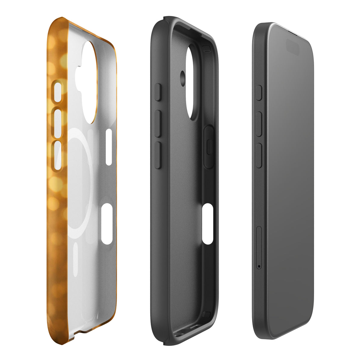 Magnetic Phone Case for iPhone with French Bulldog design, golden bokeh background, durable protection, adds charm and sophistication.