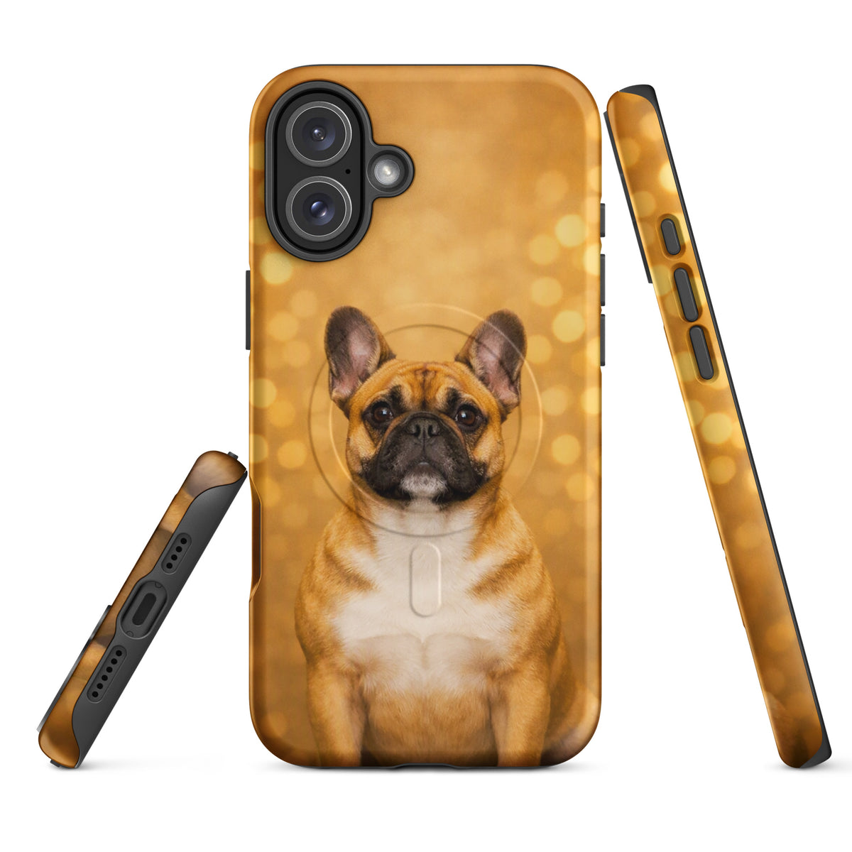 Magnetic Phone Case featuring a French Bulldog against a golden bokeh background, perfect for iPhone users who love charm and character.