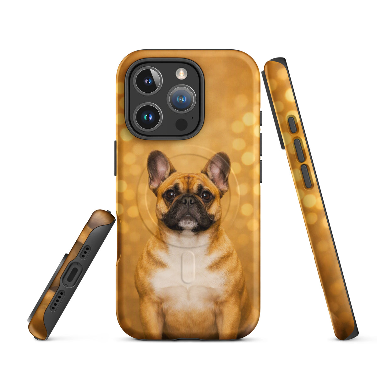 Magnetic Phone Case for iPhone with French Bulldog against golden bokeh background, perfect for dog lovers seeking charm and whimsy.
