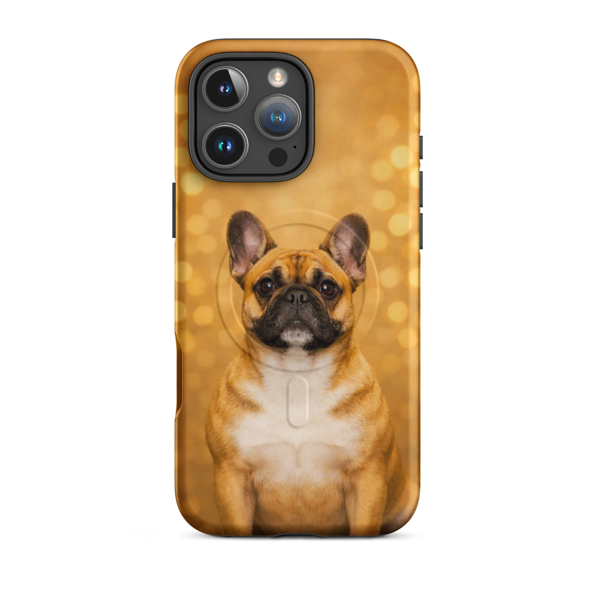 Magnetic Phone Case featuring French Bulldog portrait on golden bokeh background for iPhone.
