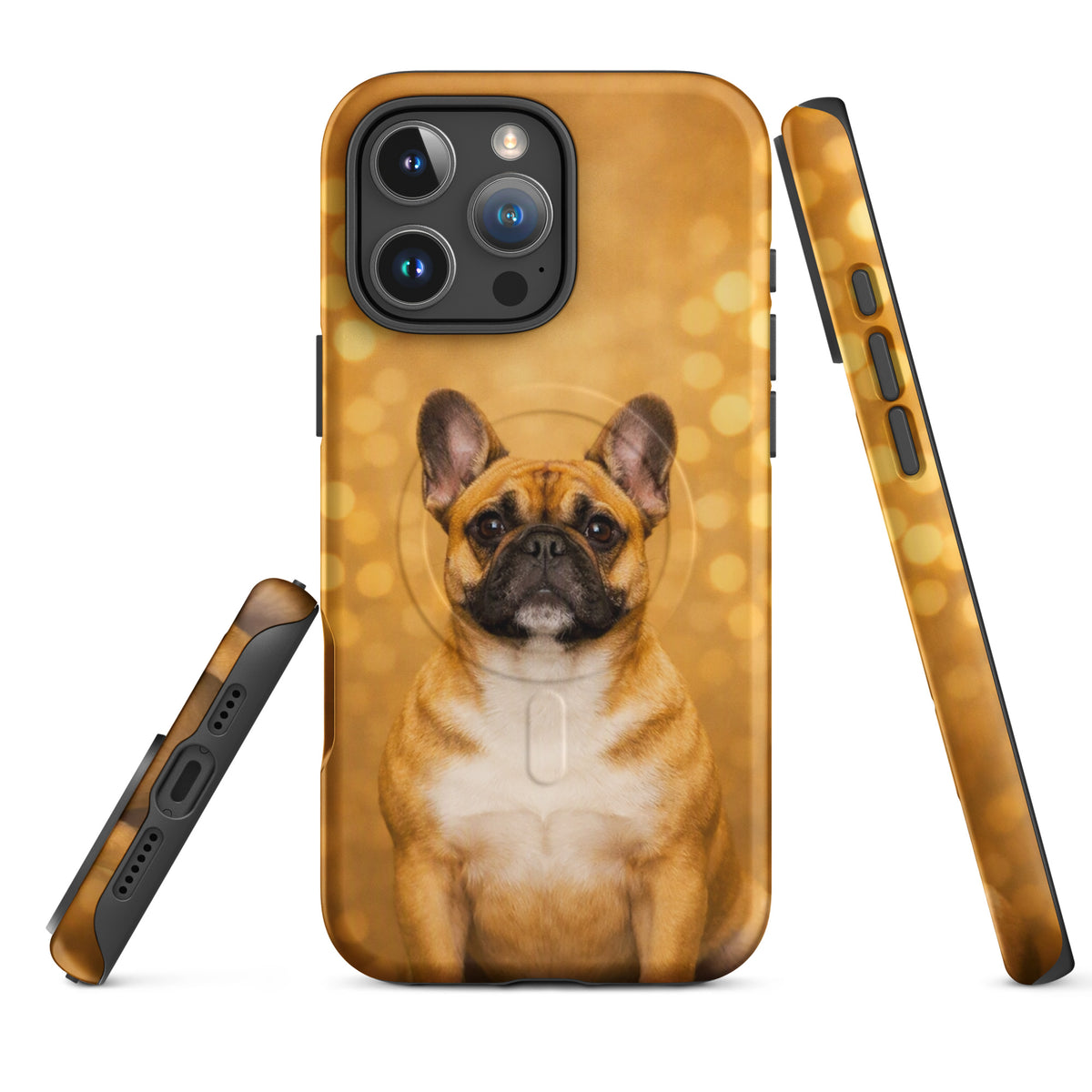 Magnetic Phone Case for iPhone with French Bulldog portrait on golden bokeh background, showcasing charm and playful sophistication.