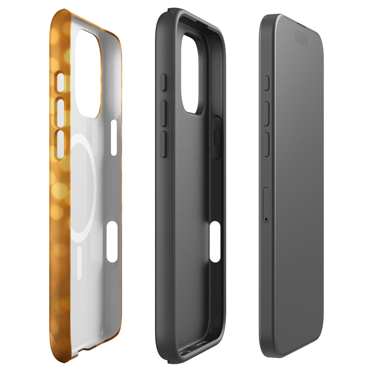 Magnetic Phone Case with French Bulldog design and golden bokeh for iPhone.