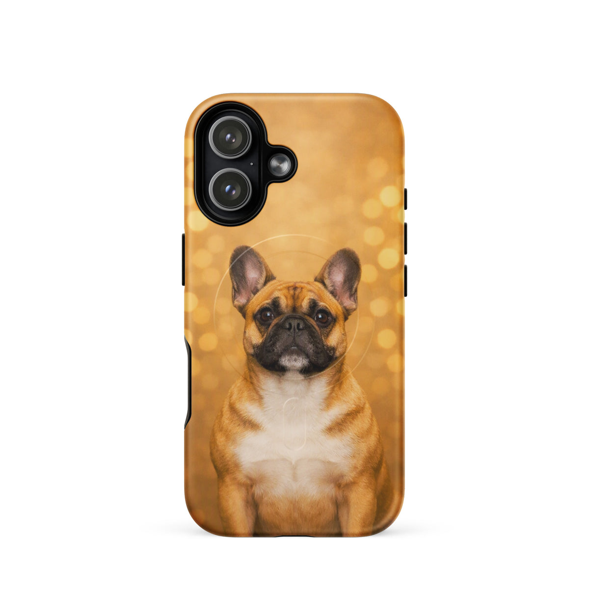 Magnetic Phone Case with French Bulldog portrait on a golden bokeh background for iPhone.