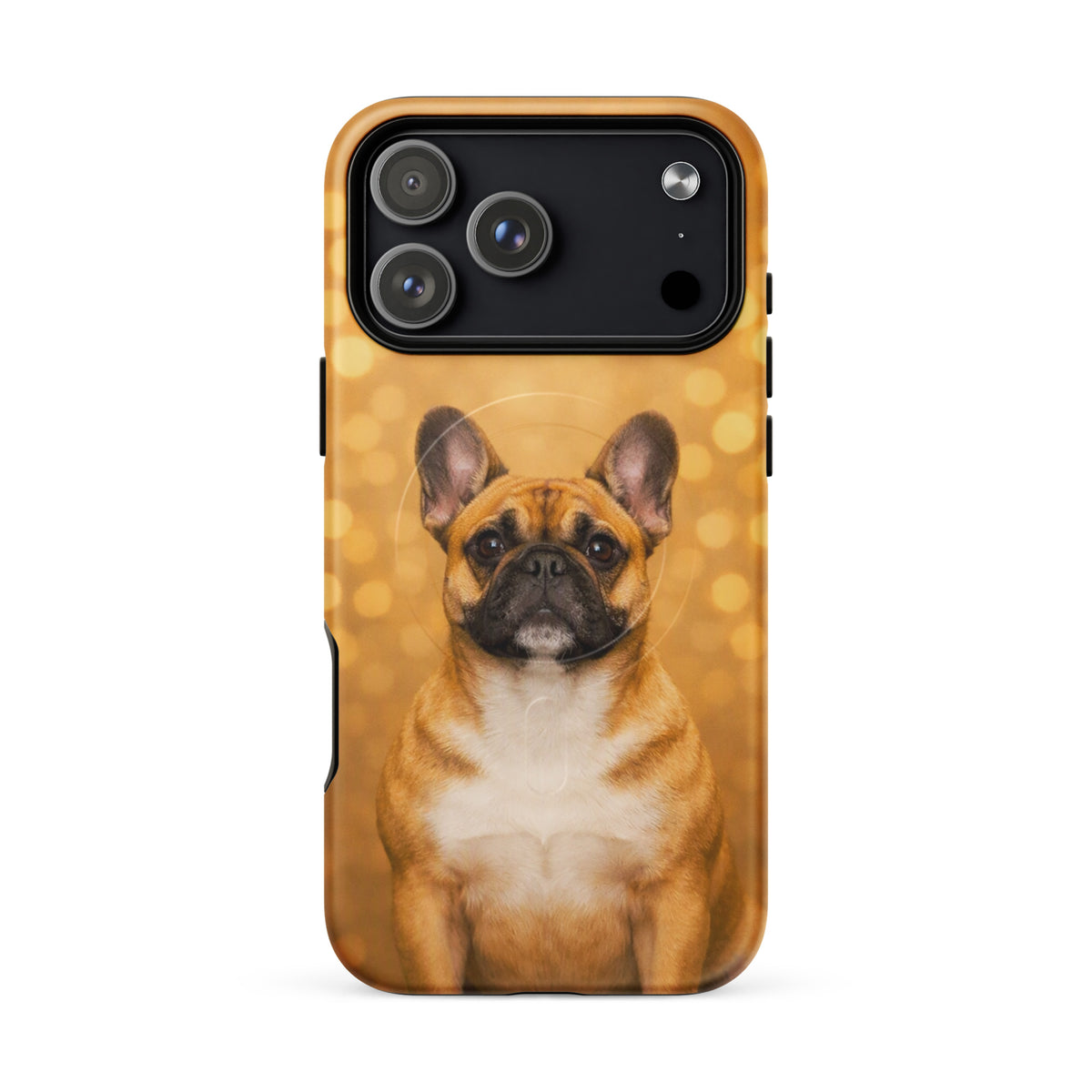 Magnetic Phone Case for iPhone featuring adorable French Bulldog portrait with golden bokeh background, perfect for dog lovers.