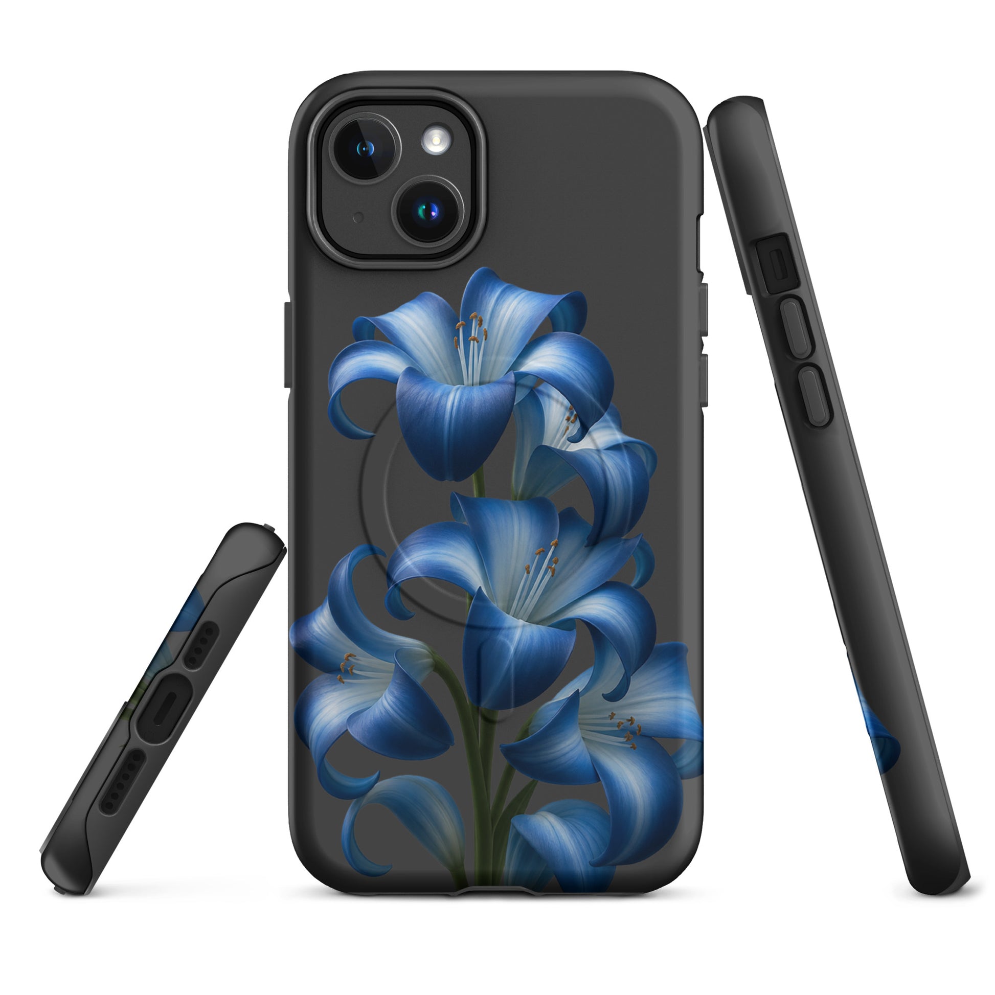Magnetic Phone Case for iPhone with Blue Lily Bloom Art, stylish protective case with dual-layer build and vibrant floral design.