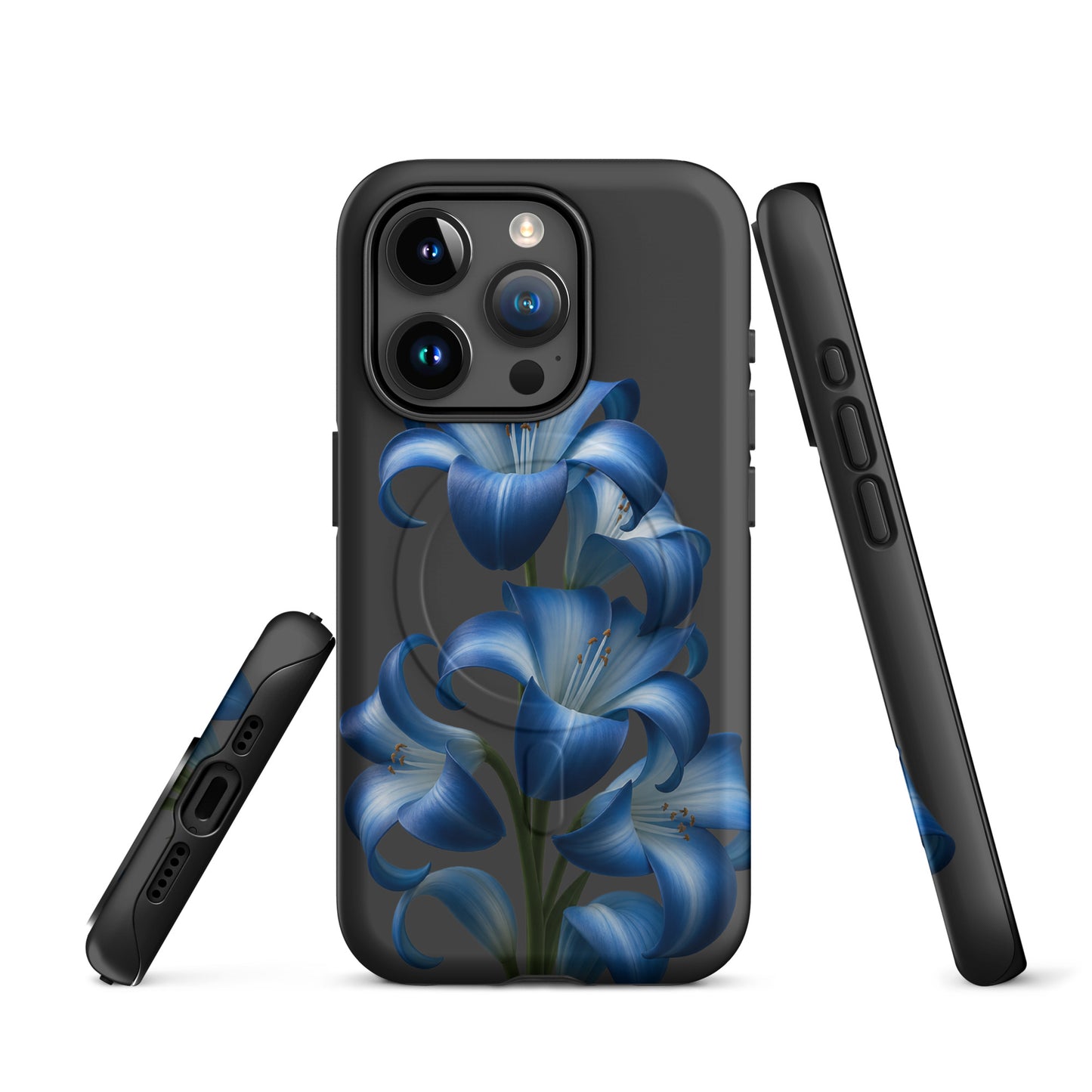 Magnetic Phone Case with Blue Lily Bloom Art for iPhone, featuring a sleek and stylish protective design with vibrant blue lilies.