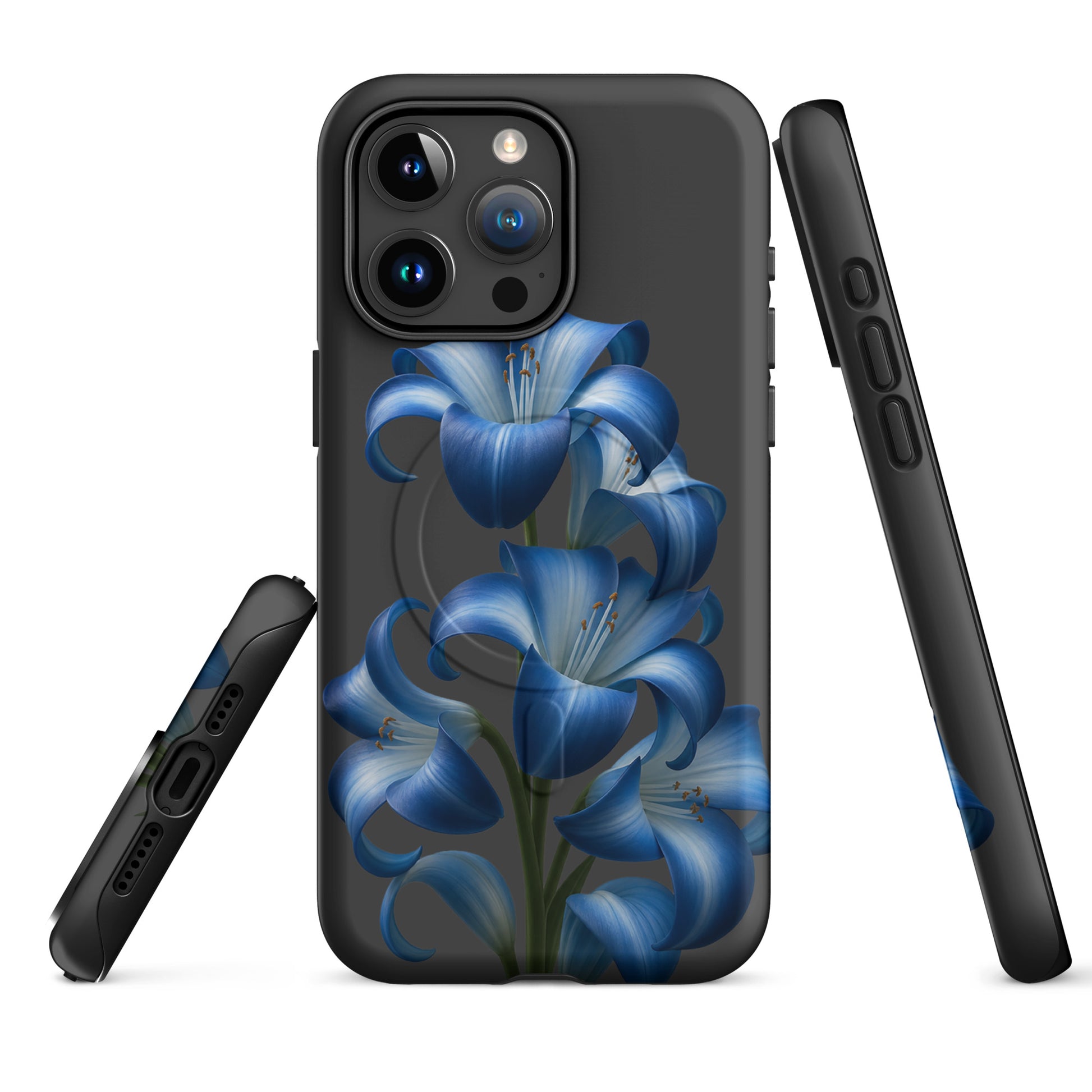 Magnetic Phone Case for iPhone featuring blue lily bloom art design on a sleek dark backdrop, highlighting style and protection.