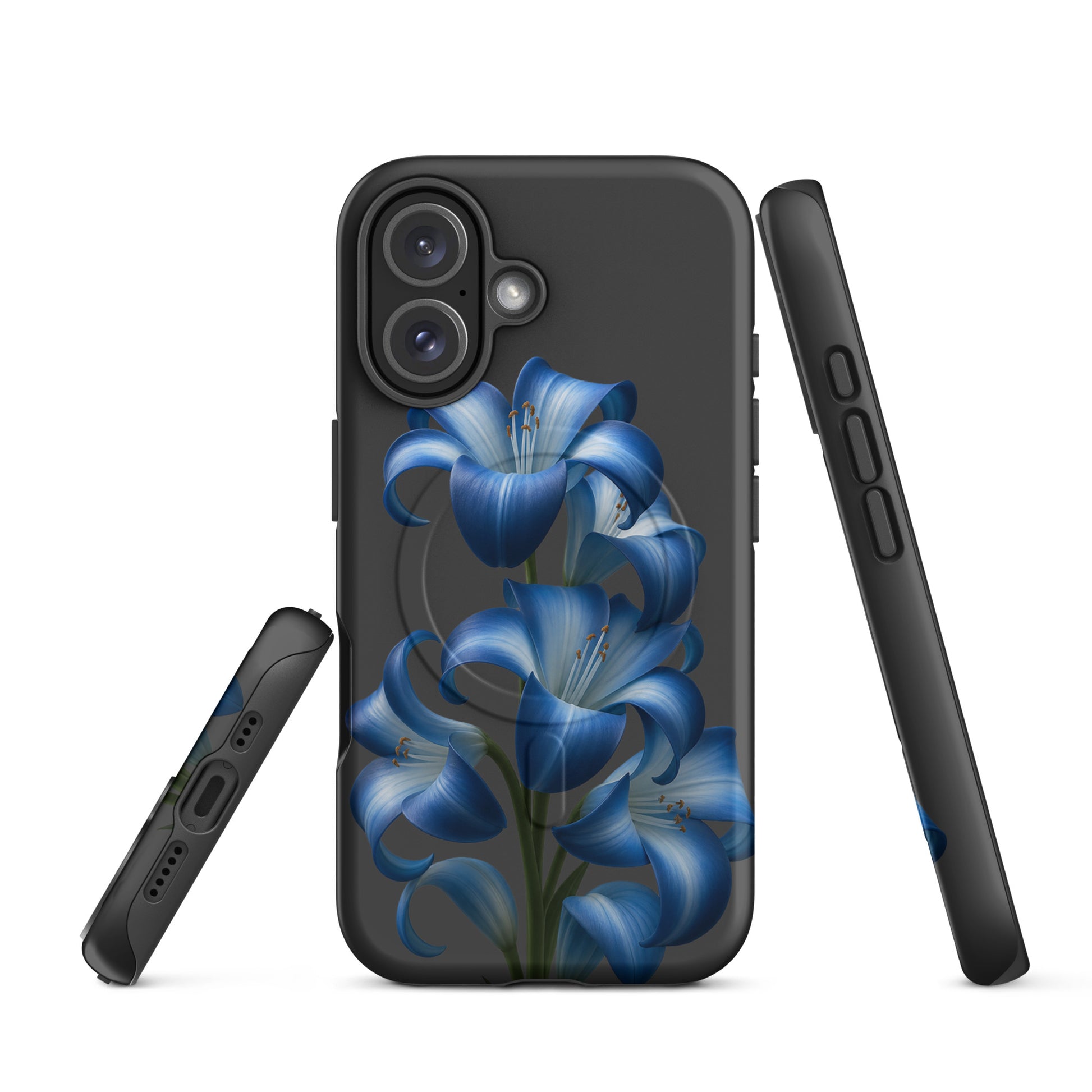 Magnetic Phone Case with Blue Lily Bloom Art for iPhone featuring protective dual-layer design on a dark backdrop.