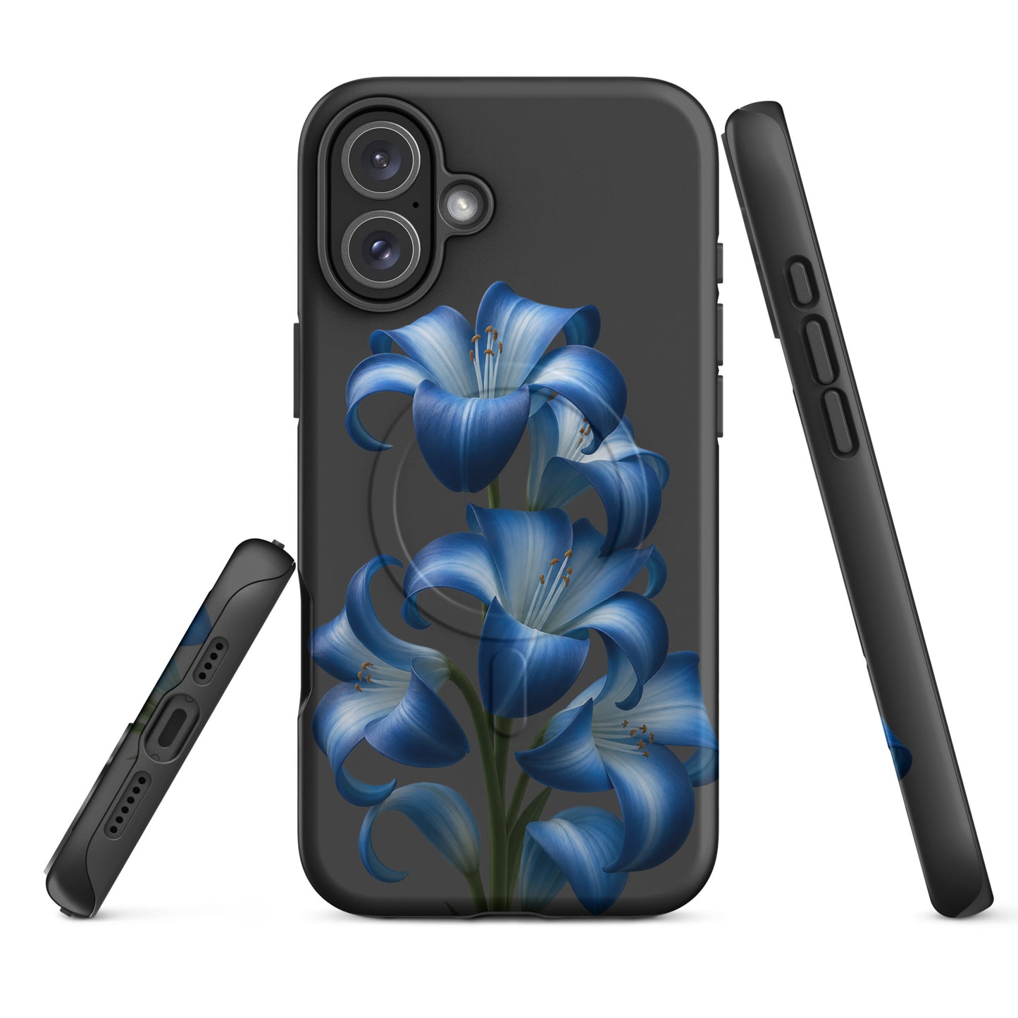Magnetic Phone Case with blue lily bloom art for iPhone; stylish and protective