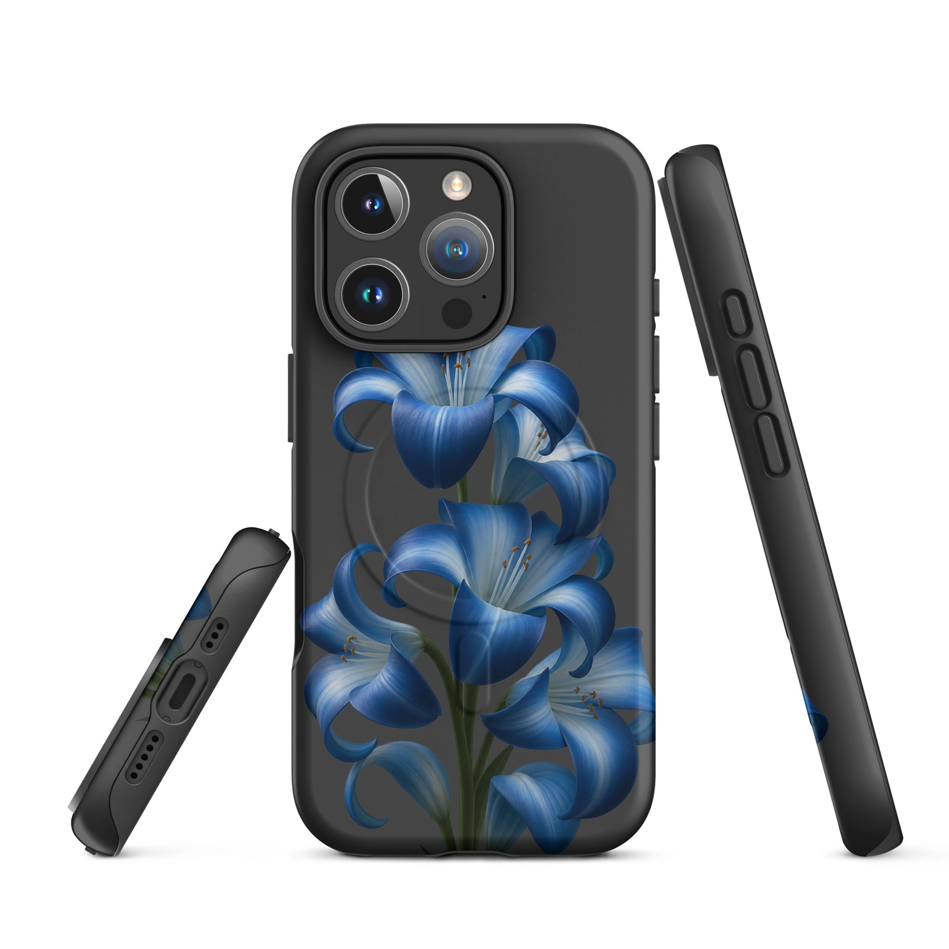 Magnetic Phone Case for iPhone with Blue Lily Bloom Art, featuring vibrant floral design and premium protection.