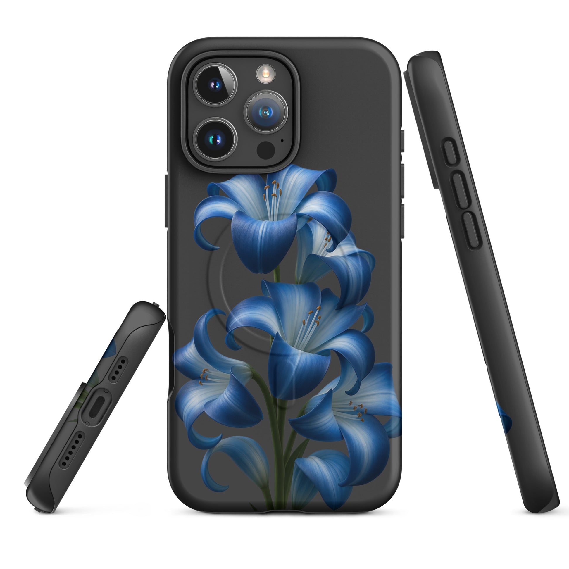 Magnetic Phone Case for iPhone featuring vibrant blue lily bloom on a sleek protective cover with dual-layer build.