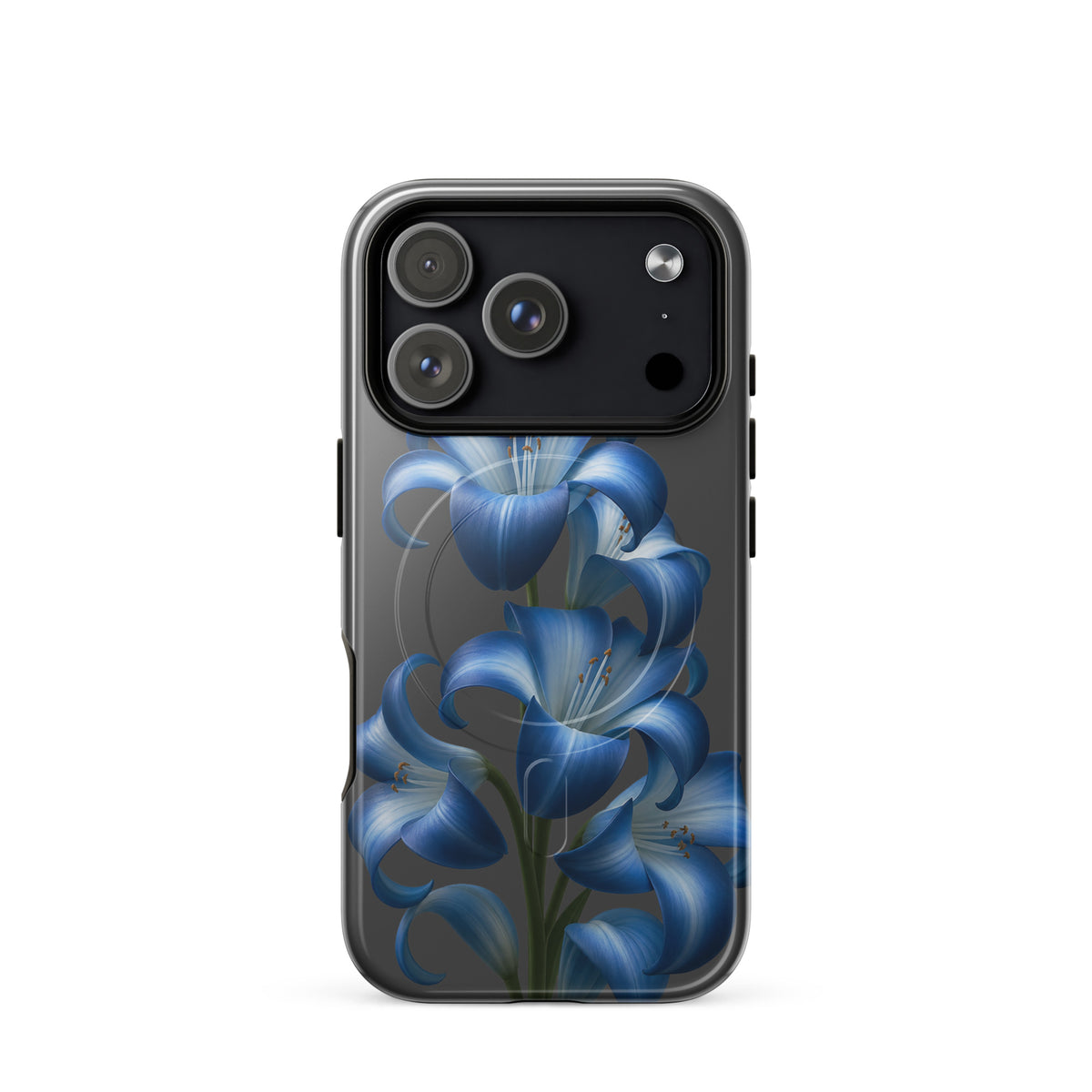 Magnetic Phone Case for iPhone with Blue Lily Bloom design, showcasing vivid flowers on a sleek backdrop for stylish protection.