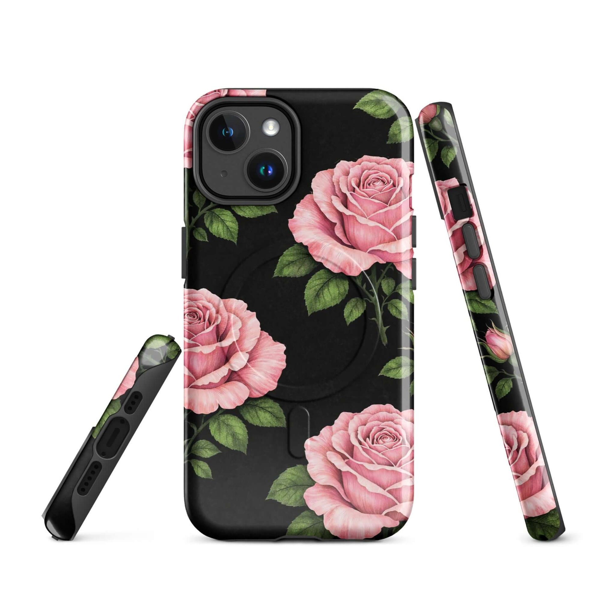Magnetic Phone Case for iPhone with pink rose garden design on a black background, tough protective cover.