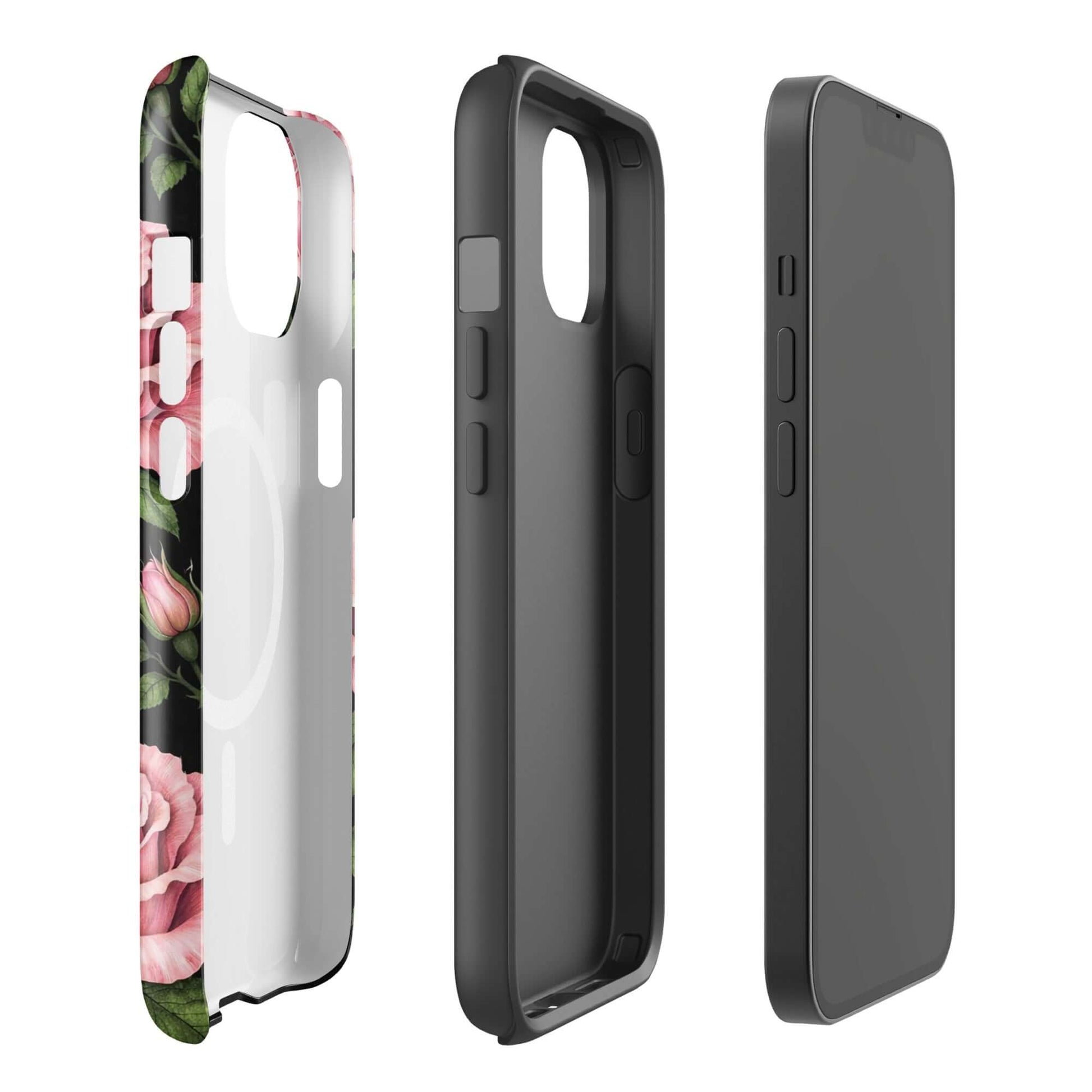 Magnetic Phone Case for iPhone featuring pink rose garden design with green leaves against a black background, showcasing durable protection.